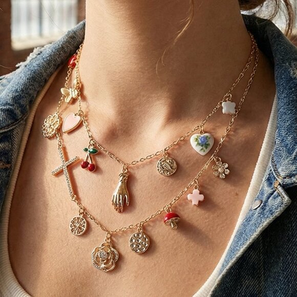 NEW Urban Outfitters Gold Dipped Multiple Good Luck Boho Style Charm Necklace - Picture 1 of 5
